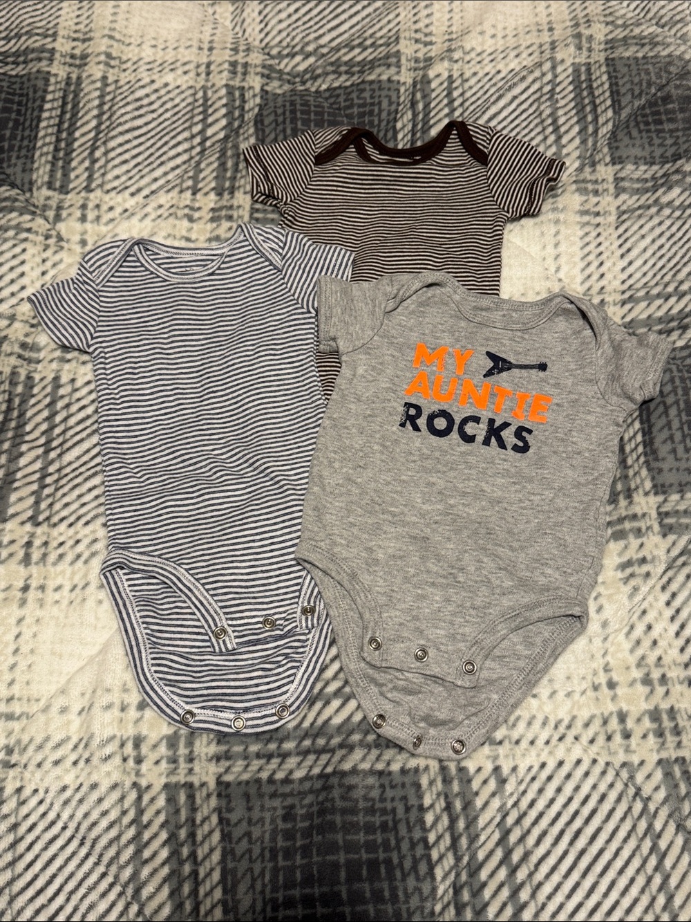 Set of 3 Carters Baby Onsies "My Auntie Rocks" & Blue and Brown Stripes
